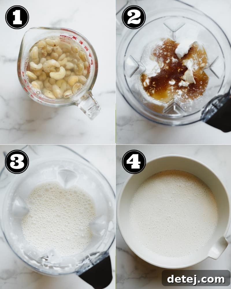 A four-image collage showing the process of soaking cashews and blending them with coconut milk to create a smooth vegan ice cream base.