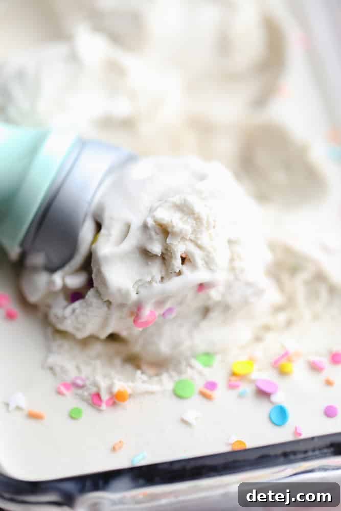 An ice cream scoop retrieving a serving of creamy vanilla vegan ice cream from a glass container, ready to be enjoyed.