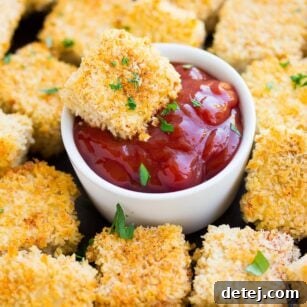 Crispy tofu nuggets being dipped into ketchup, with more nuggets all around the plate.