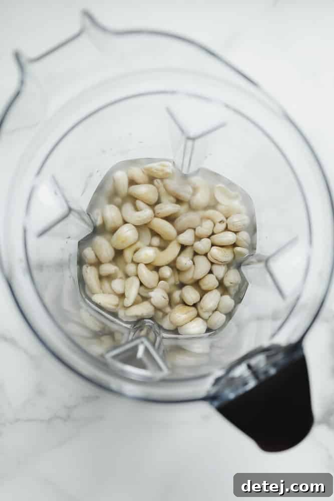 Soaked cashews and water inside a high-powered blender, ready to be processed into vegan cream.
