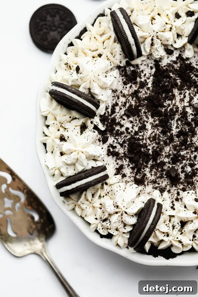 An inviting overhead view of a Vegan Oreo Cheesecake, artfully decorated with piped white icing and generous crumbles of Oreo cookies.