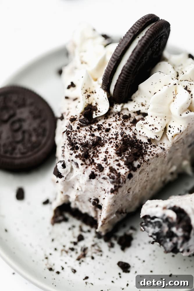 A close-up shot of a perfect slice of Vegan Oreo Cheesecake, with a bite missing, highlighting its creamy layers and crumbly crust.