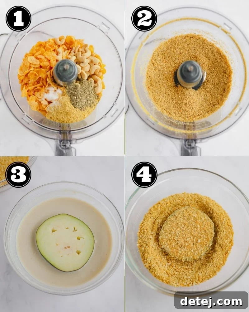 A four-panel image illustrating the preparation process: blending a crumb coating, dipping an eggplant slice in wet batter, coating it thoroughly in the dry mixture, and finally, showing a perfectly coated eggplant slice ready for baking.