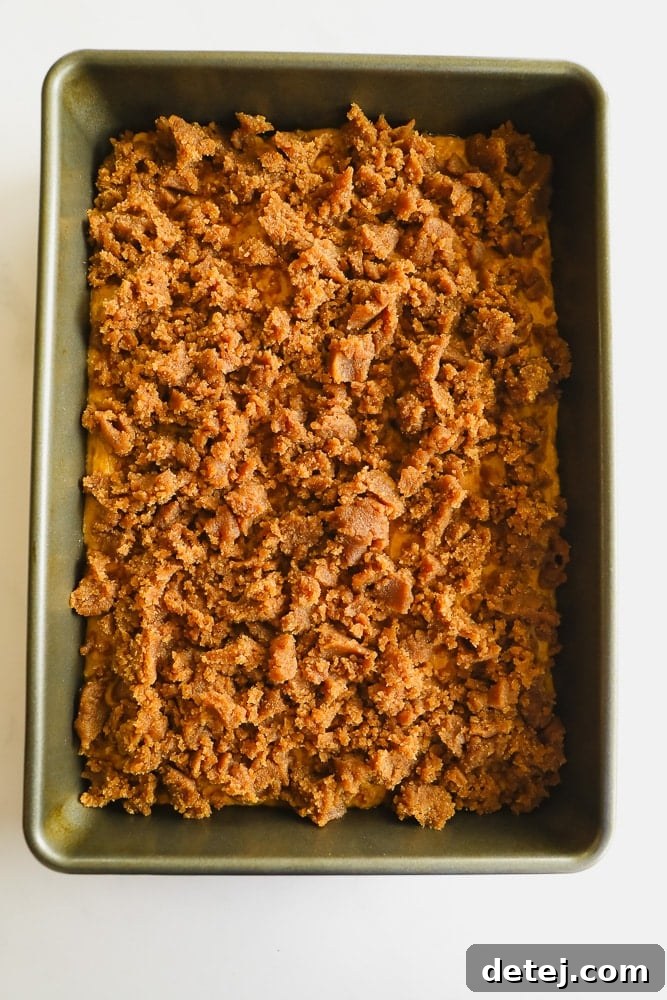 Crumbly brown streusel topping mixture in a square metal baking dish, ready to be sprinkled.