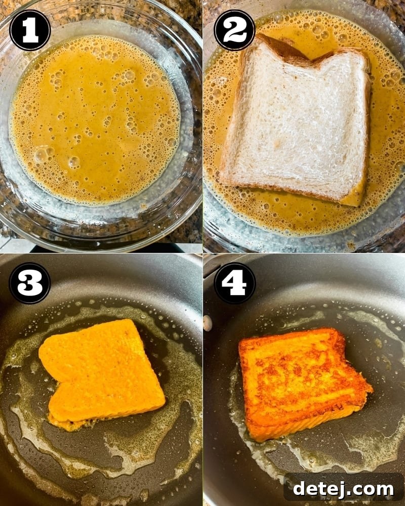 A four-panel image illustrating the process of preparing vegan pumpkin French toast: from coating bread in batter to frying it to a golden crisp in a black pan.