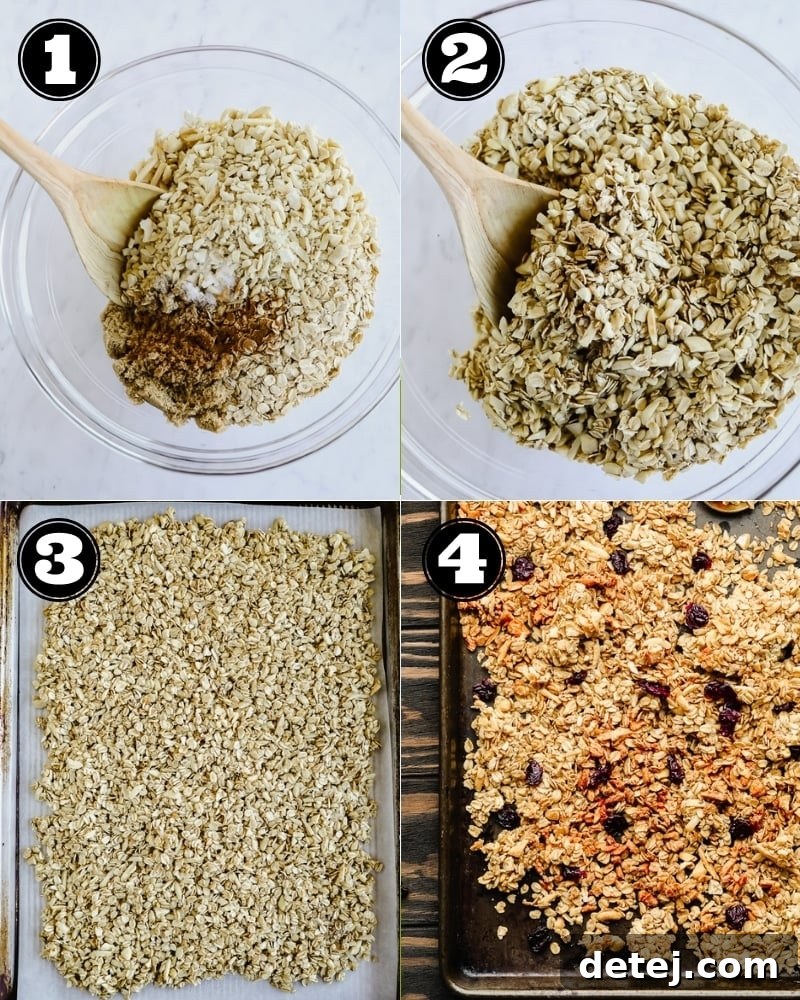 Four images demonstrating the steps of mixing ingredients, spreading on a baking sheet, and baking granola.
