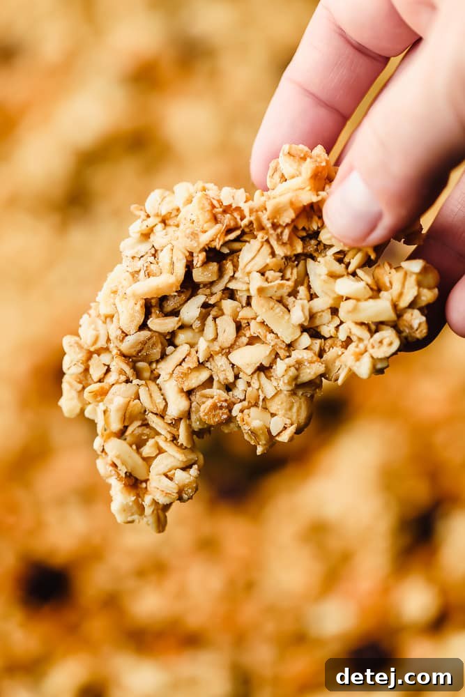 Woman's hand holding a large cluster of golden brown homemade vegan granola.