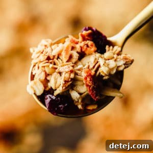 close up on a spoonful of homemade granola.