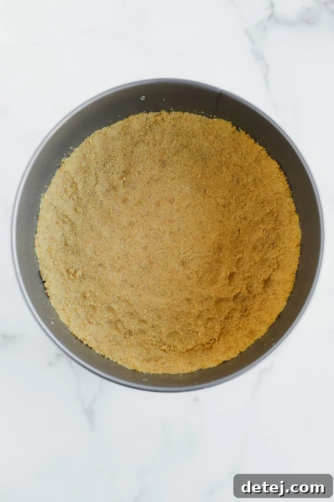 golden brown graham cracker crust on the bottom of a round metal pan.