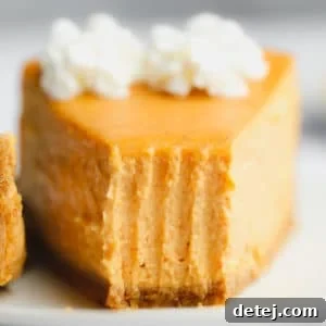 close up on a slice of pumpkin cheesecake with a bite missing.