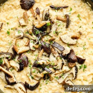 Close up on cooked mushrooms on top of creamy yellow risotto.