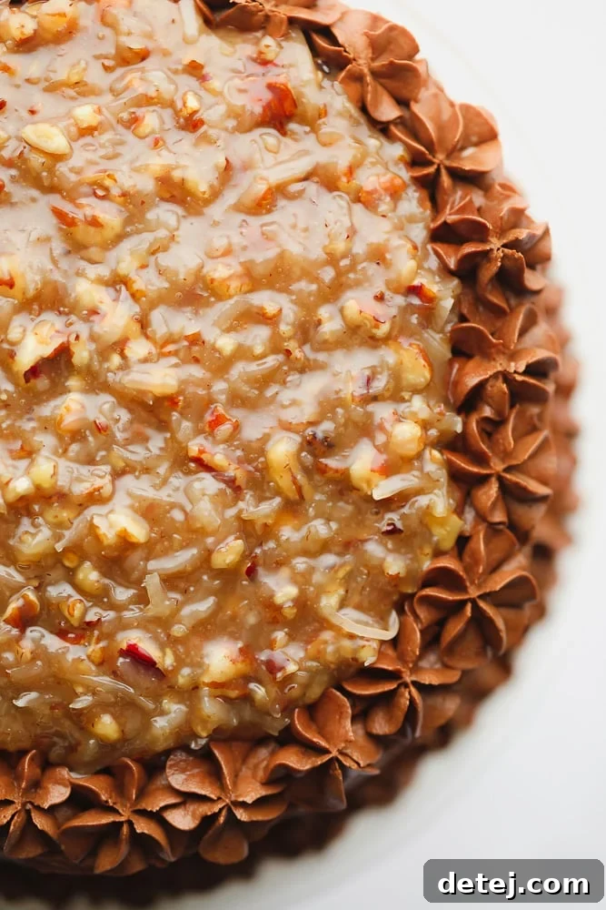 Close up on a frosted chocolate cake with a pecan caramel sauce on top, highlighting its rich layers.