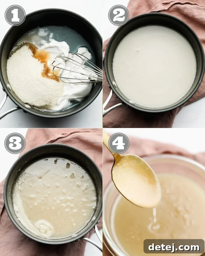 A series of 4 images showing the process of making vegan condensed milk in a black pot, from initial mixing to reduced liquid.