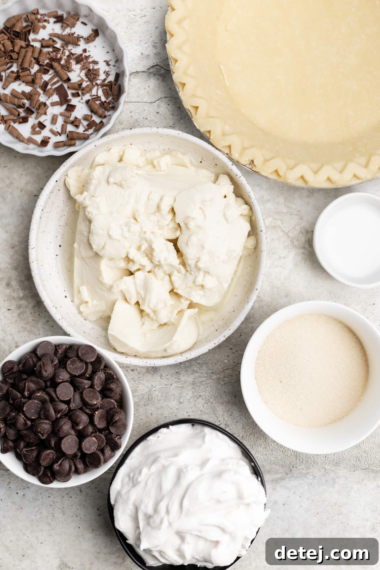 Velvet Vegan Chocolate Indulgence 4 ingredients for vegan chocolate pie in individual white bowls.