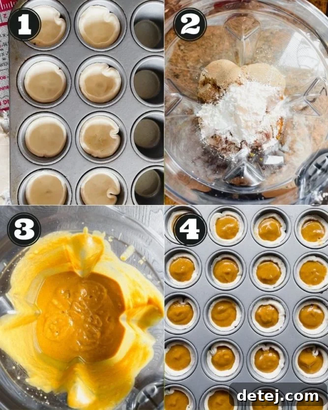 A four-panel collage demonstrating the process of making mini pumpkin pies: preparing the dough, lining the muffin tin, filling the crusts with pumpkin mixture, and the final baked pies on a cooling rack.