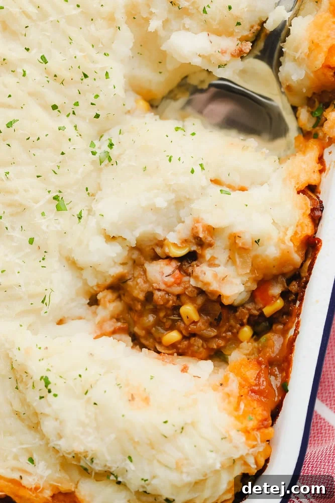 looking down on a casserole with potatoes and meaty mixture