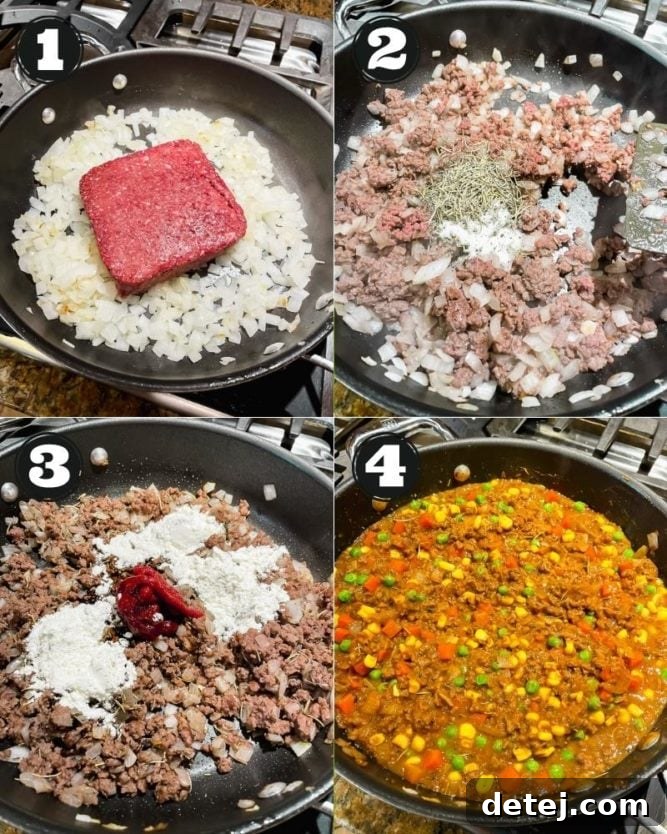 collage showing how to make meaty vegan mixture for pie