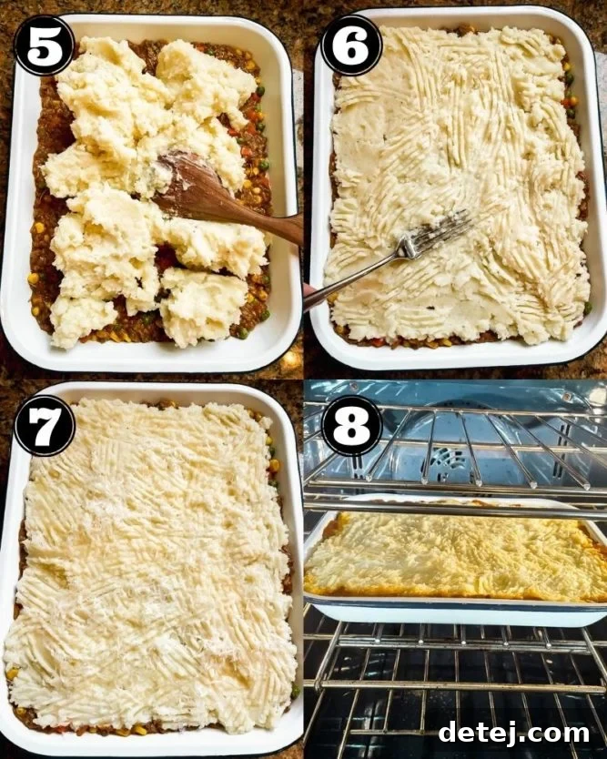 collage of how to assemble mashed potato pie for oven