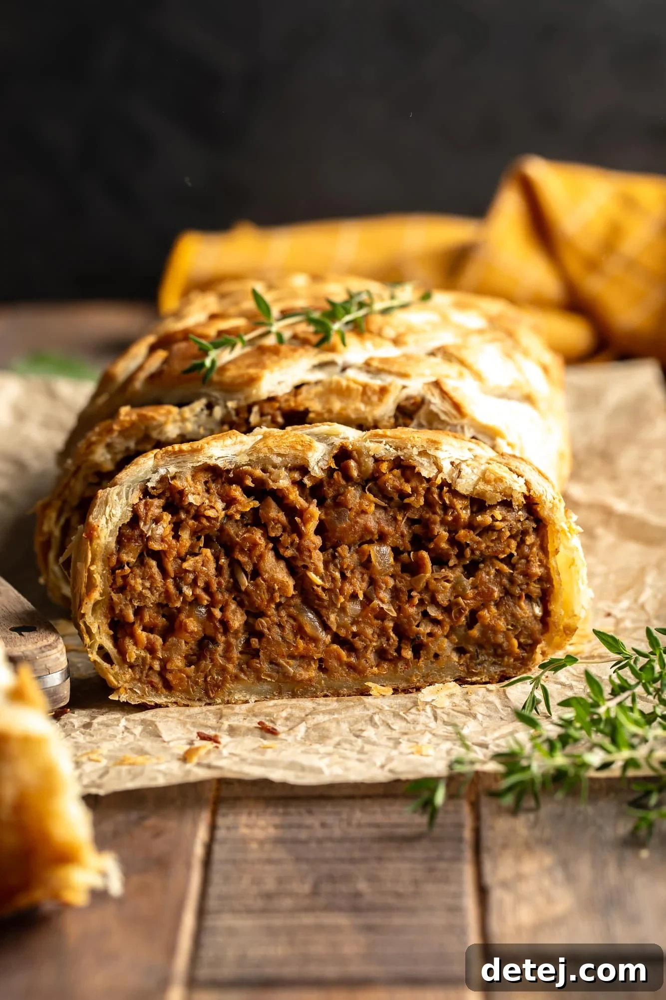 Side view of a sliced vegan wellington on a sheet of parchment paper, showcasing its golden crust and hearty filling.