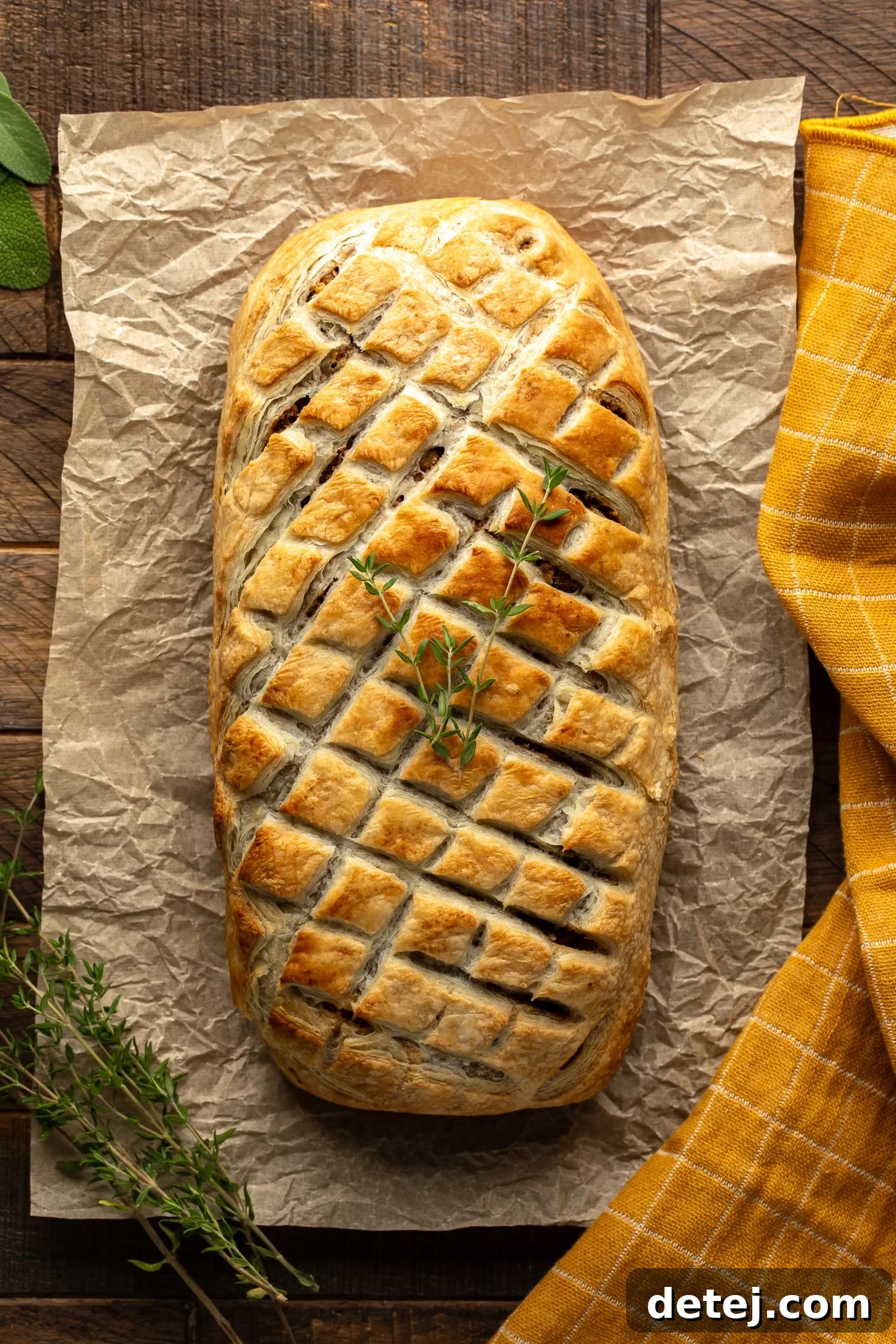 An overhead shot of a perfectly baked Vegan Wellington on a sheet of parchment paper, highlighting its golden crust and delicious appeal.