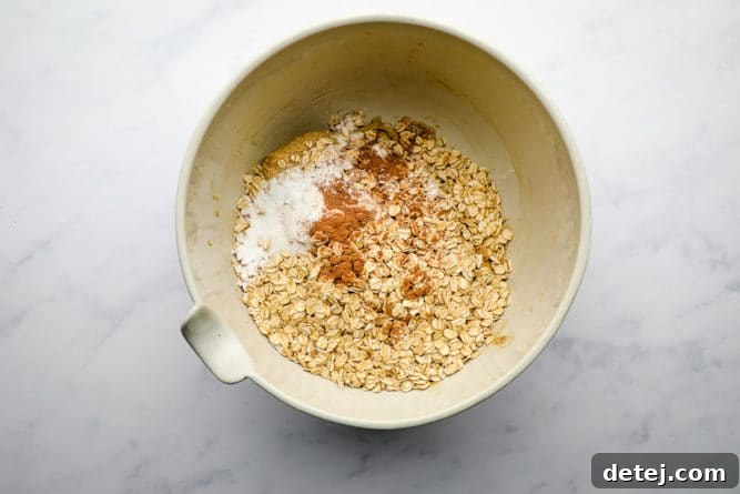 Unmixed dry ingredients for oatmeal cookies in a bowl, including oats, flour, and cinnamon, awaiting combination.