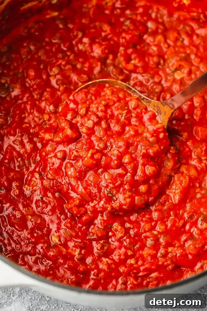 Ultimate Plant-Based Spaghetti 6 A close-up shot of a ladle scooping rich red tomato sauce out of a pot, showcasing its texture.