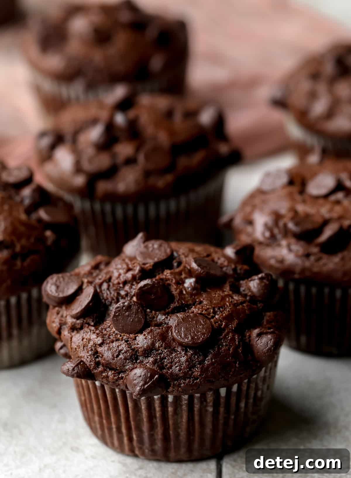 lots of vegan chocolate muffins on grey backdrop with pink towel