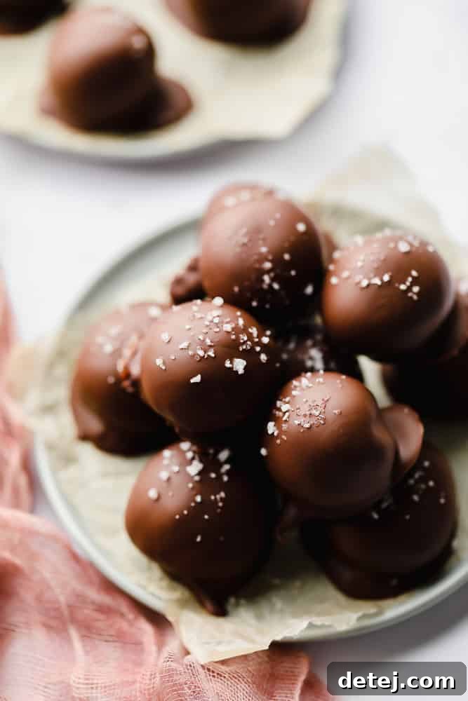 A serene shot of perfectly formed vegan chocolate truffles resting on wax paper on a delicate blue plate, ready for serving.