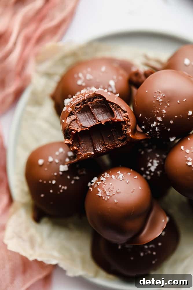 A close-up shot of a single vegan chocolate truffle with a delicate bite taken out, showcasing its rich, dense, and smooth interior.