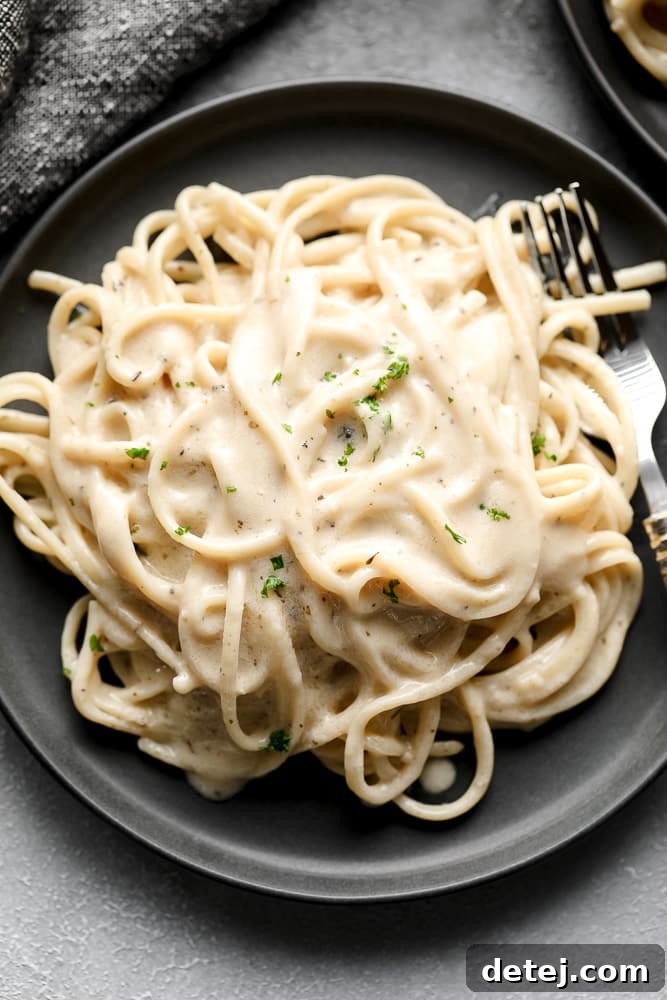 grey plate on black background with a fork and dairy free alfredo sauce mixed with noodles