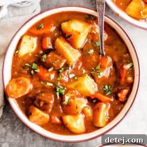 A bowl filled with steaming vegan Irish stew, garnished with fresh herbs, ready to be enjoyed.