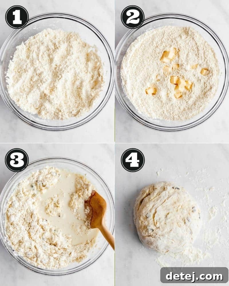 A series of four images depicting the process of making vegan Irish soda bread dough: combining ingredients, working in butter, mixing with buttermilk, and forming the loaf.