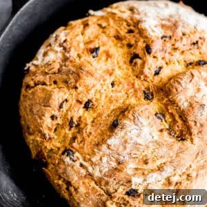 close up on vegan Irish soda bread in a black cast iron pan.