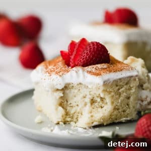 A delectable square image of a piece of vegan tres leches cake with a bite taken out, revealing its moist interior and creamy layers.