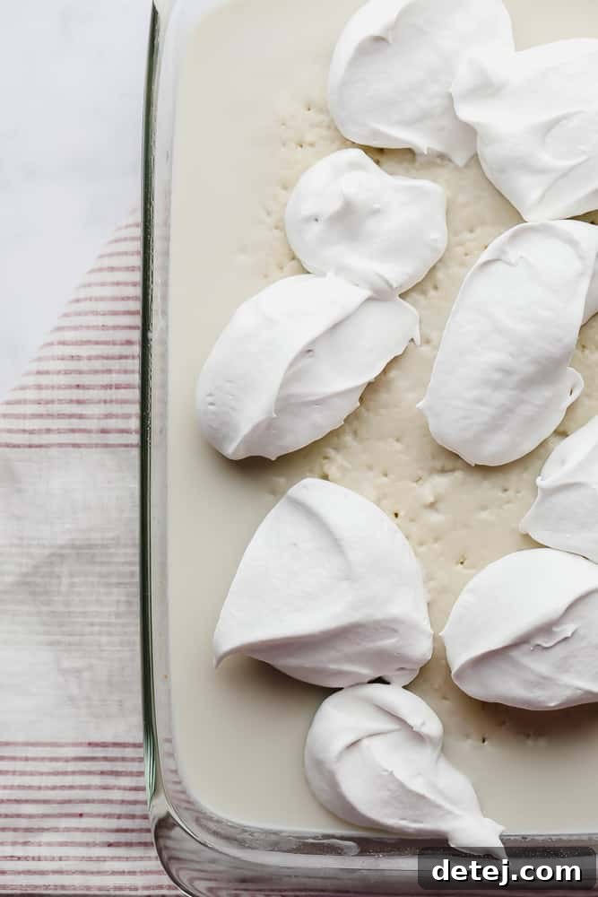 Numerous dollops of light, fluffy vegan whipped cream artfully placed on top of the milk-soaked cake, awaiting an even spread.