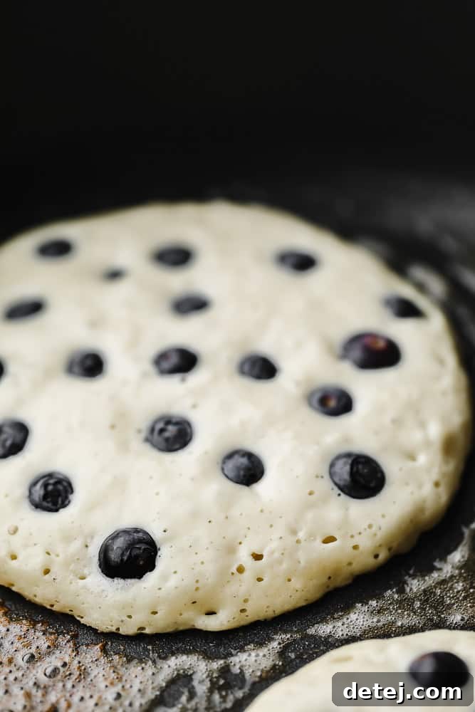 A single vegan blueberry pancake cooking on a black griddle, with visible bubbles forming on the surface, indicating it's ready to flip.