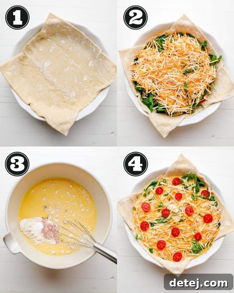 Four distinct images showcasing the assembly process of a JUST Egg Quiche: 1) laying pastry, 2) adding vegetables, 3) pouring JUST Egg mixture, 4) adding tomatoes.