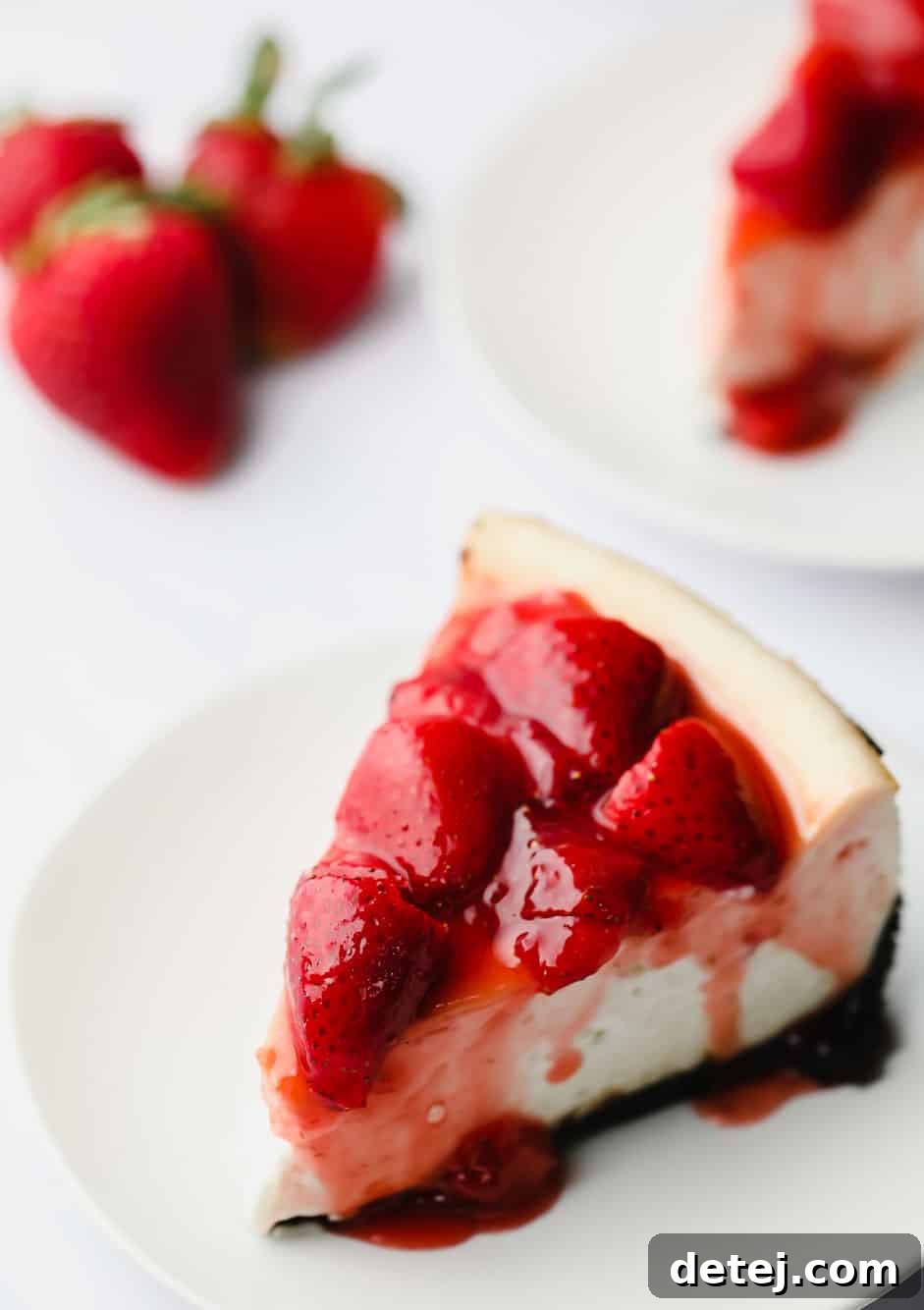 A perfectly portioned slice of vegan strawberry cheesecake, elegantly placed on a white plate, ready to be enjoyed.