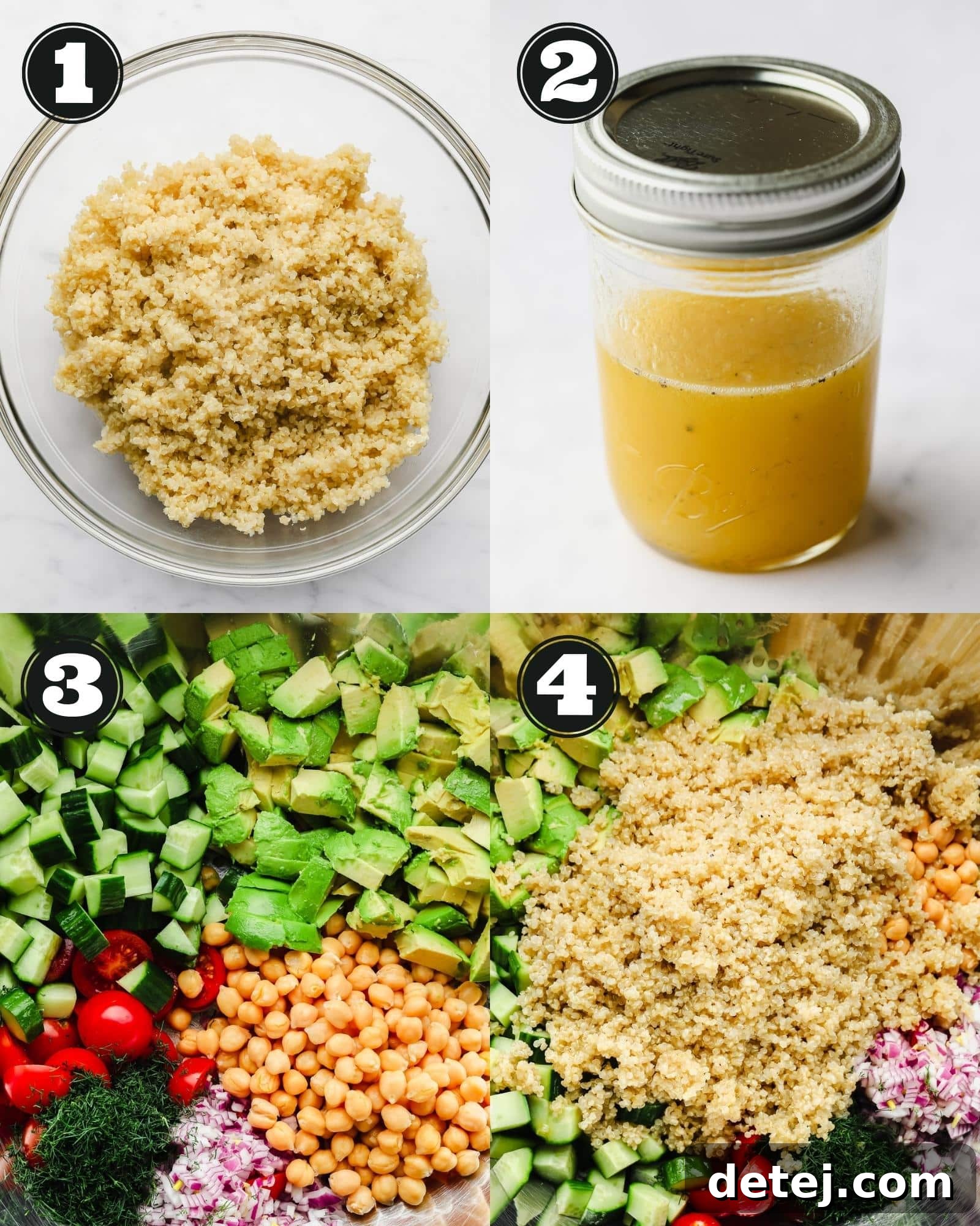 4 images showing the process of cooking quinoa, making a salad dressing, and assembling a chickpea quinoa salad.