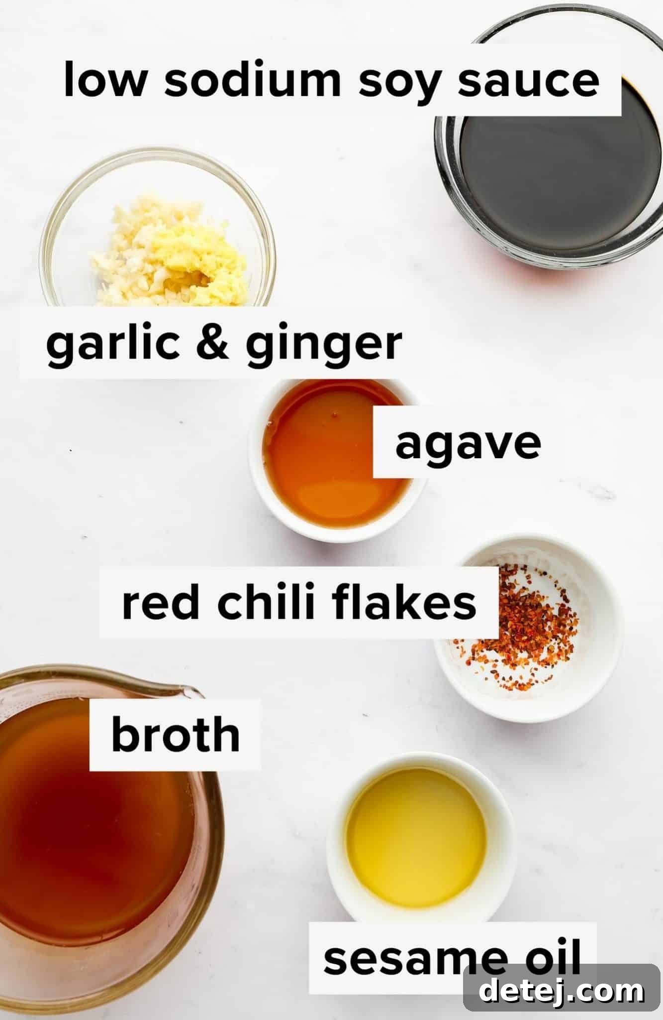 Effortless 5 Minute Stir Fry Sauce 3 A flat lay photograph showcasing all the fresh ingredients required to make stir fry sauce, with an artistic text overlay.