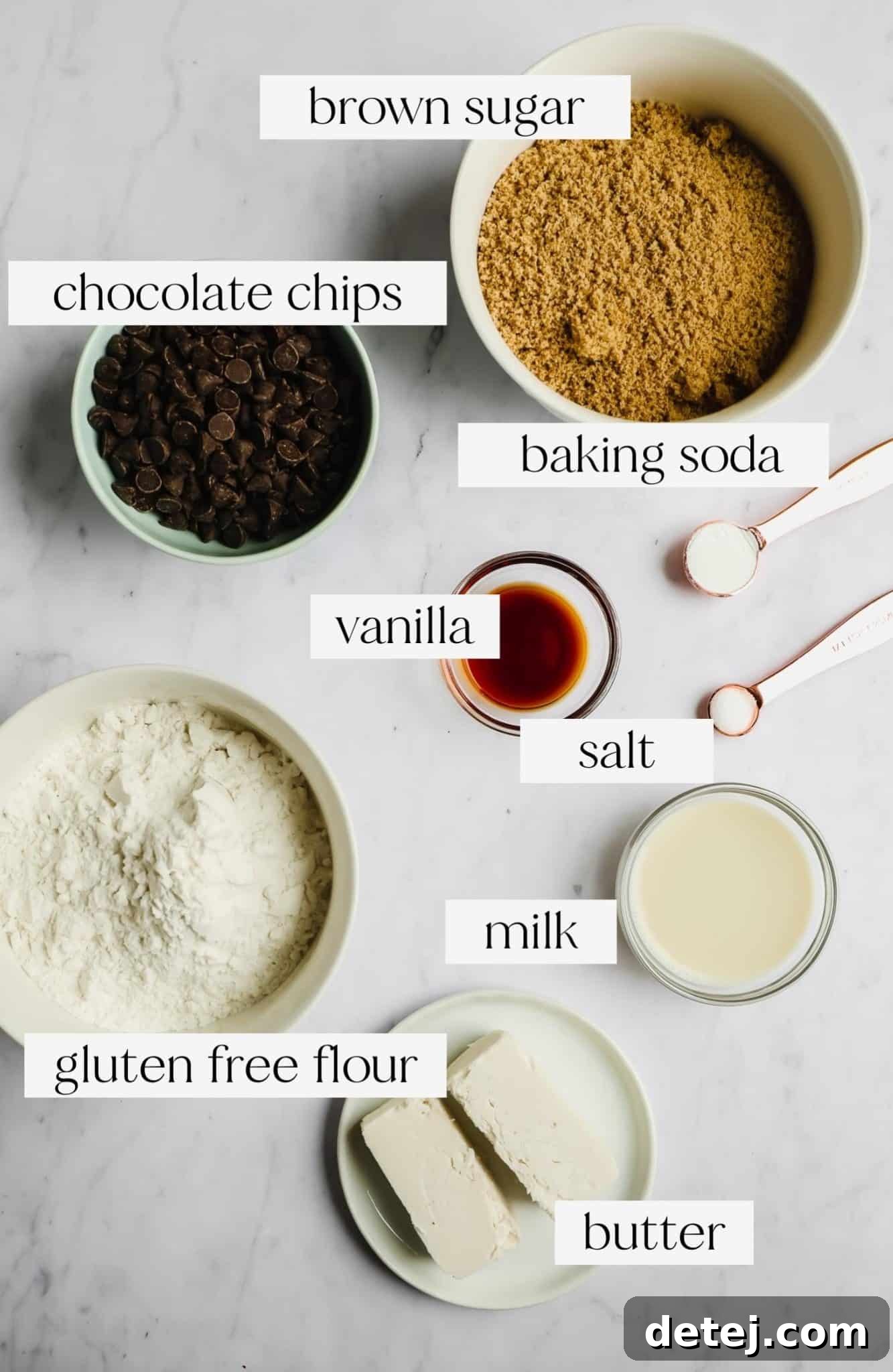 Carefully laid out ingredients for gluten-free cookies, each labeled for clarity and ease of preparation.