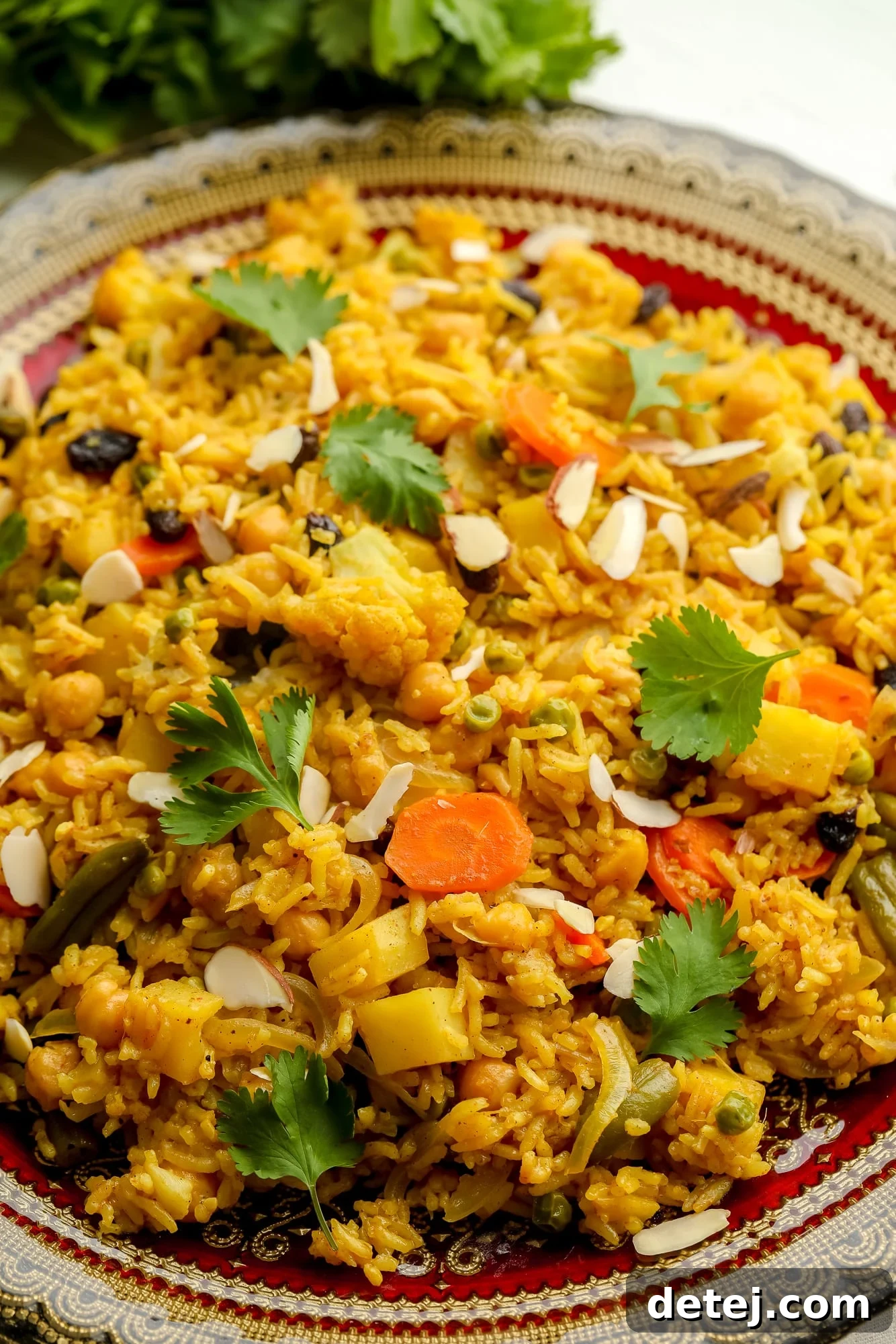 A close-up shot of the perfectly cooked vegan biryani served on a large decorative plate, garnished with fresh cilantro.