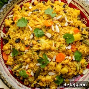 Close-up of the Easy Vegan Biryani on a decorative plate, ready to be served.
