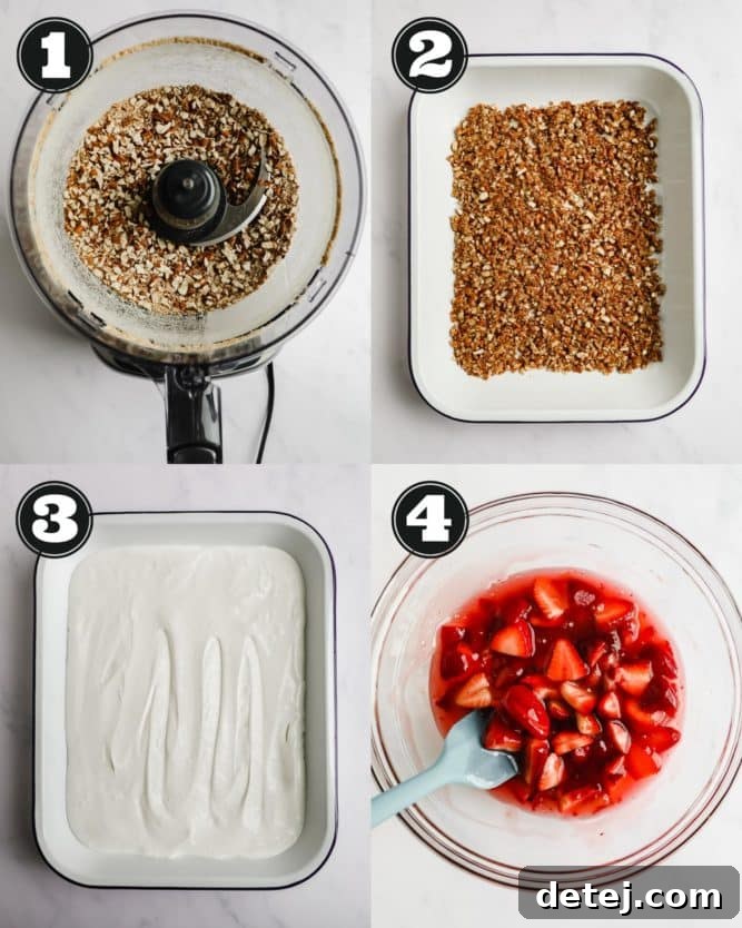 A visual collage illustrating the key preparation stages: crushed pretzels, a bowl of creamy filling, and fresh strawberries simmering in a sauce.
