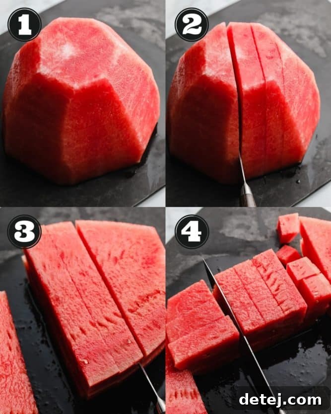A visual step-by-step collage demonstrating how to safely and efficiently cut a whole watermelon into uniform cubes on a black cutting board.