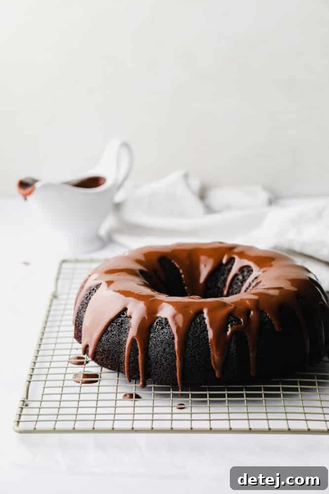 Decadent Chocolate Vegan Bundt Cake with glossy ganache on a white background