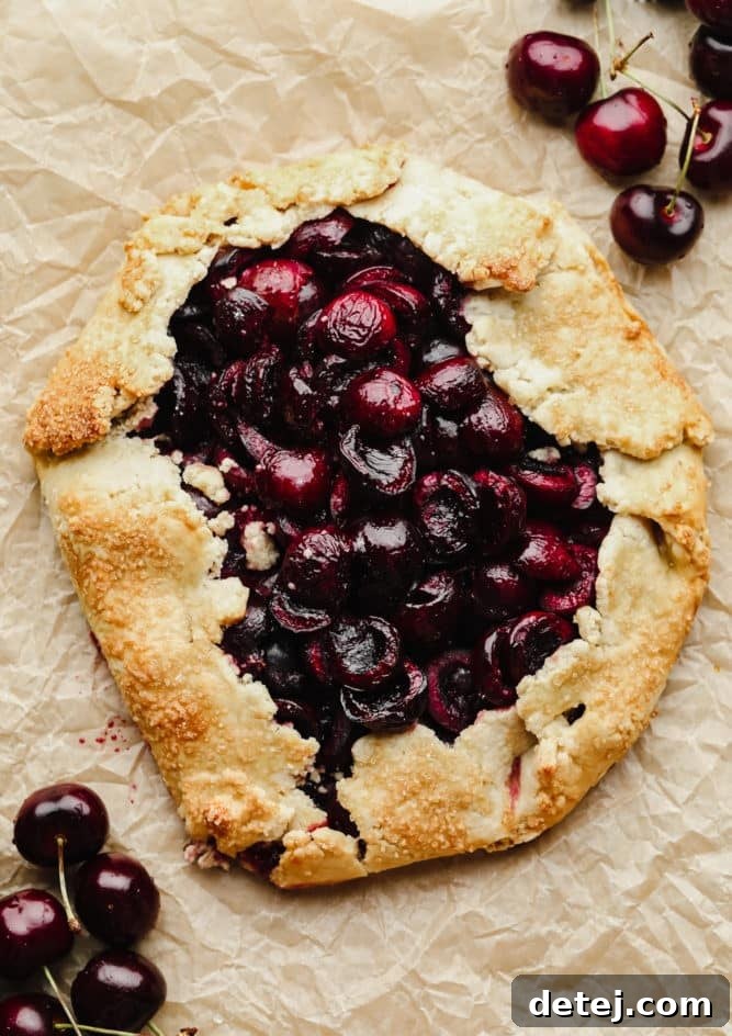 Rustic Cherry Tart 4 baked cherry galette on crinkled paper