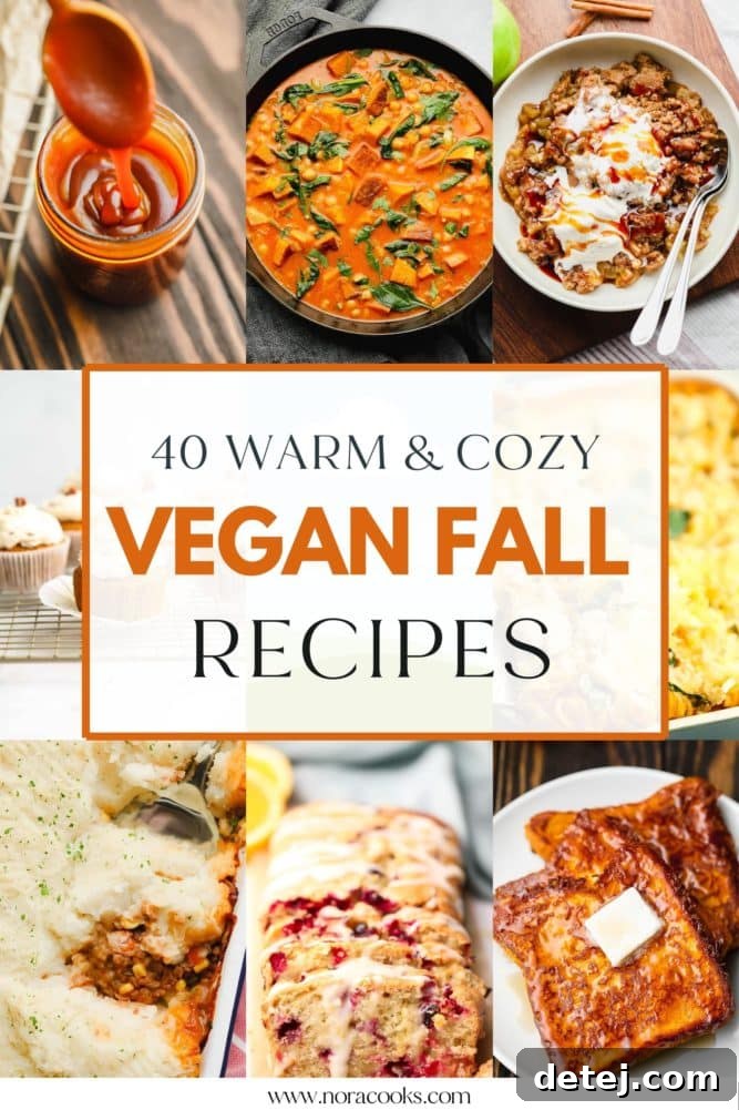 A collage showcasing various vegan fall recipes, including pumpkin French toast, apple fritters, butternut squash soup, and pumpkin pie, with a central text overlay reading '40 warm and cozy vegan fall recipes'.