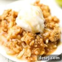 A square image of a delicious vegan apple crisp served on a plate with a scoop of vanilla ice cream melting on top.