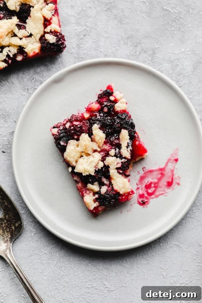 A beautiful slice of vegan blackberry pie bar with a rich crumb topping on a grey plate, set against a subtle grey background.